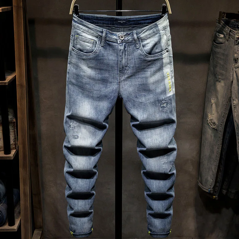

2020 Summer Autumn Light Denim Blue Jeans Men Long Slim Pencil Pants Male Fashion Letters Print Trousers Elastic Cotton Pants