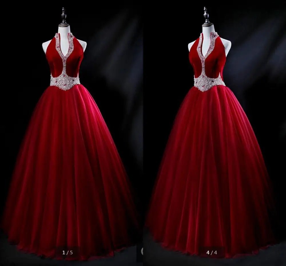 Красный Vestido de festa, винное бархатное ТРАПЕЦИЕВИДНОЕ ПЛАТЬЕ С Лямкой Через Шею, платья для выпускного с жемчугом, v-образный вырез, длинный корсет, открытая спина, платья для выпускного вечера - Цвет: Красный