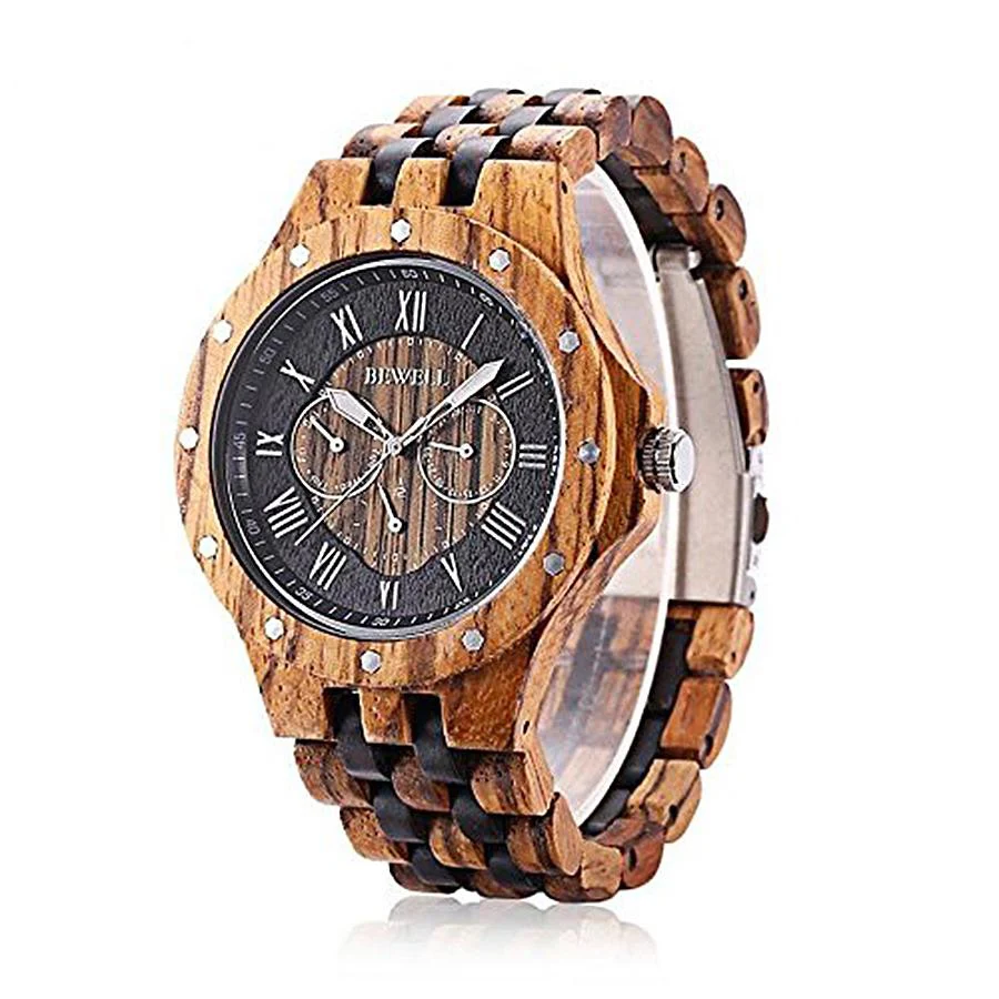 

Wooden Quartz Watch BEWELL W116C Men Wood Wristwatch with 3 Sub-dial Multifunction Original Grain Wrist Wear for Gents