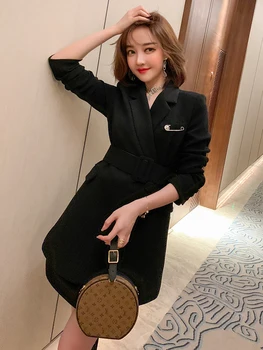 

Retro lace-up waist mid-length black casual suit jacket women 2020 autumn new