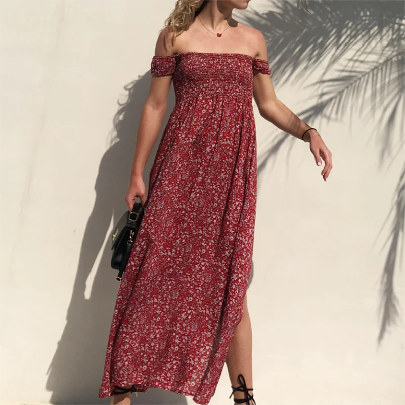

Print Strapless Off Dress Fit and The dresses 2020 short sleeve Shoulder Waist female Sexy High Fashion Flare Summer Women Casua