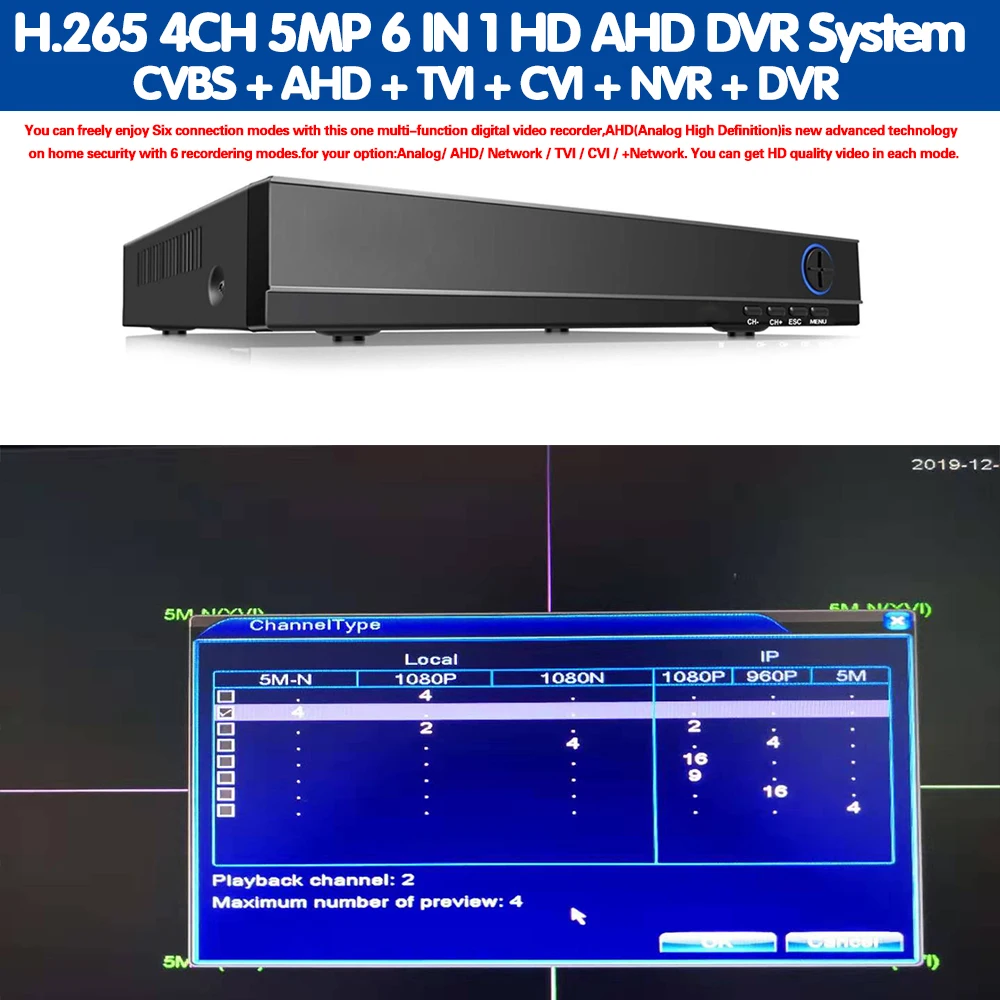 HD 4 Channel DVR Video Recorder H.265+ 5MP 4MP 1080P 4CH 5 in 1 Hybrid DVR With 3G Wifi function for CCTV XVi TVi CVI IP Camera