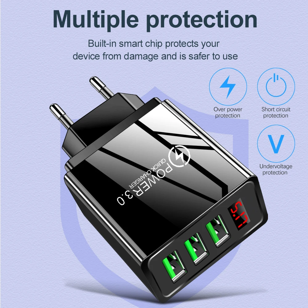 3 USB Phone Charger Quick Charge 3.0 Mobile Phone Charger LED Display EU Wall Charger For iPhone 11 Samsung Charger USB Adapters usb c 65w