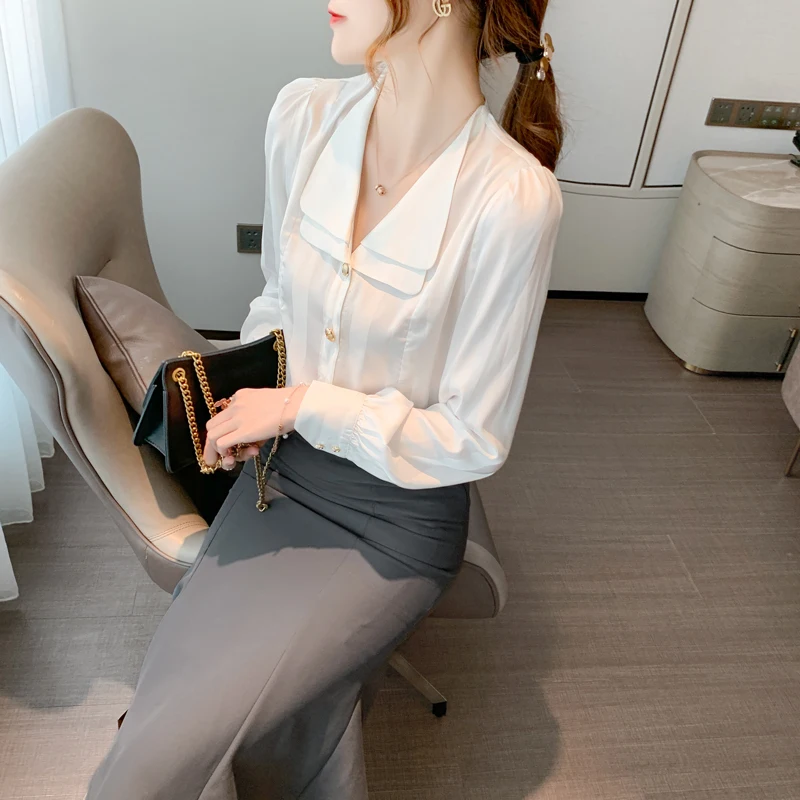 

Elegant Chiffon Shirt 2021 Spring and Summer French Korean Fashion Style Loose Retro Long Sleeve Tops Women White Harajuku Full