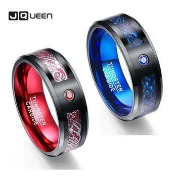 

8mm Men's Ring Tungsten Carbide Ring Wedding Band Celtic Dragons Red Green Blue Carbon Fiber Tungsten Ring Comfort Fit