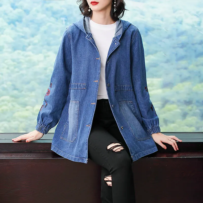 Женская Повседневная джинсовая куртка с капюшоном, Женская Цветочная вышивка, рукав выше размера d, Синее джинсовое пальто с капюшоном, осенняя верхняя одежда размера плюс - Цвет: blue denim Jacket