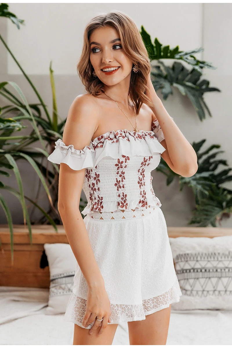 New 2021 Casual Crop Tops Off Shoulder Ruffles Print OC0152