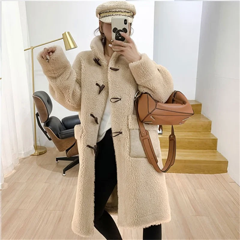 See Chat Меховое пальто Женское зимнее свободное шерстяное пальто с широкой талией воротник-стойка длинное с роговыми пуговицами Женское пальто из искусственного меха - Цвет: See Chat
