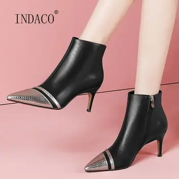 

Fashion Women Boots Leather Autumn Shoes High Heels Ankle Boots For Women Pointed Toe Thin Heel Boots White
