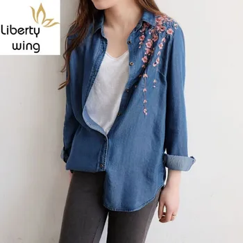 

Autumn Winter Thin Female Flower Embroidered Denim Shirt Women Jeans Blouse With Embroiderey Boyfriend Leisure Top Costumes