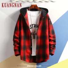 KUANGNAN красная клетчатая рубашка с капюшоном мужские модные мужские рубашки с длинным рукавом мужские повседневные тонкие рубашки Fit 5XL уличная осень