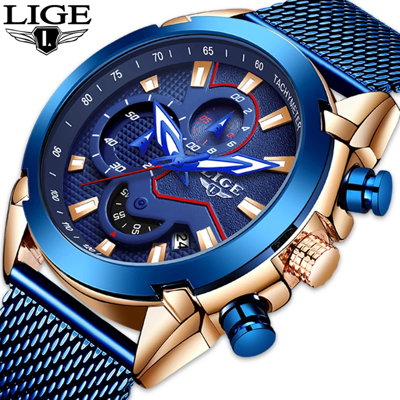 Часы наручные LIGE мужские с хронографом Спортивные кварцевые армейские в стиле