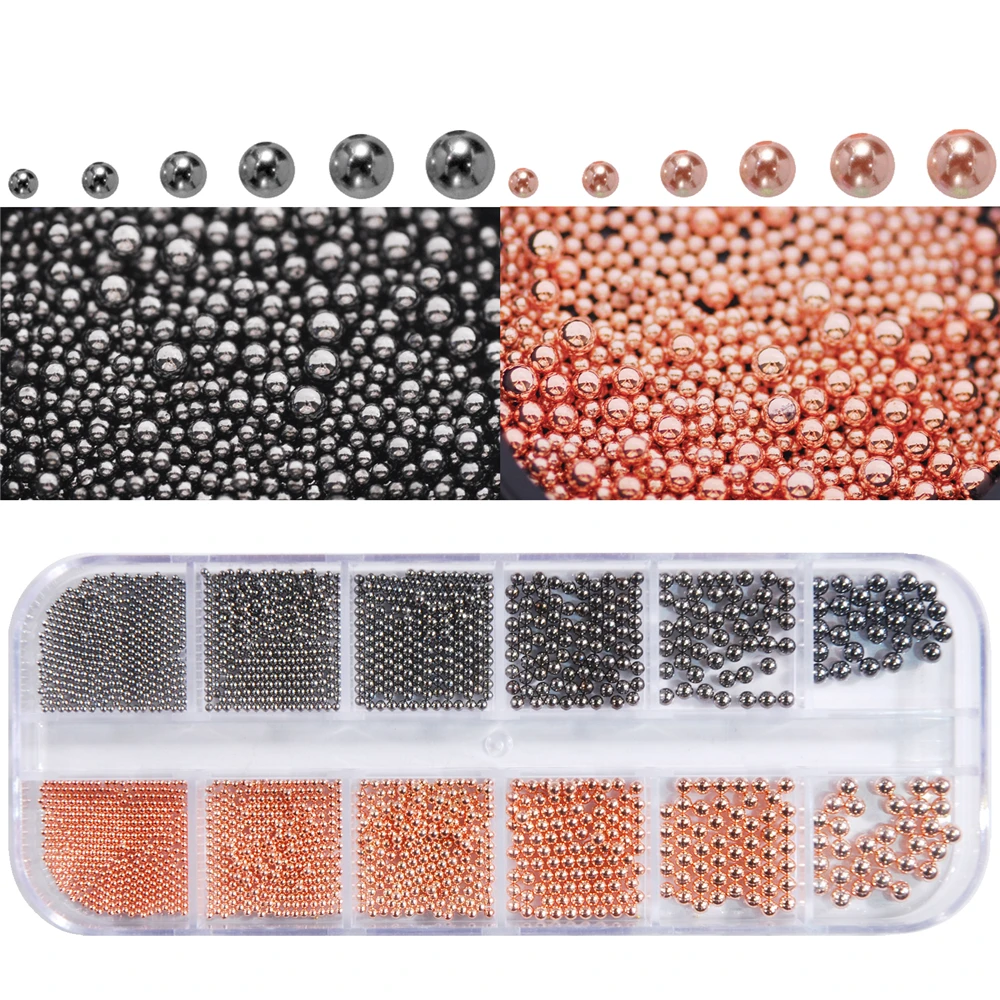 

12 ячеек в коробке, миниатюрные разноцветные шарики из нержавеющей стали, крошечные зеркальные бусины для самостоятельного маникюра, украшения для творчества и творчества