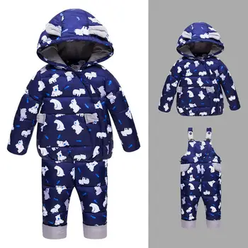 

2019 Winter Children clothing sets Bear Printed baby Boy Ski suit sets Outdoor sport Kids down coats Jacket+Pant For Cold Winter