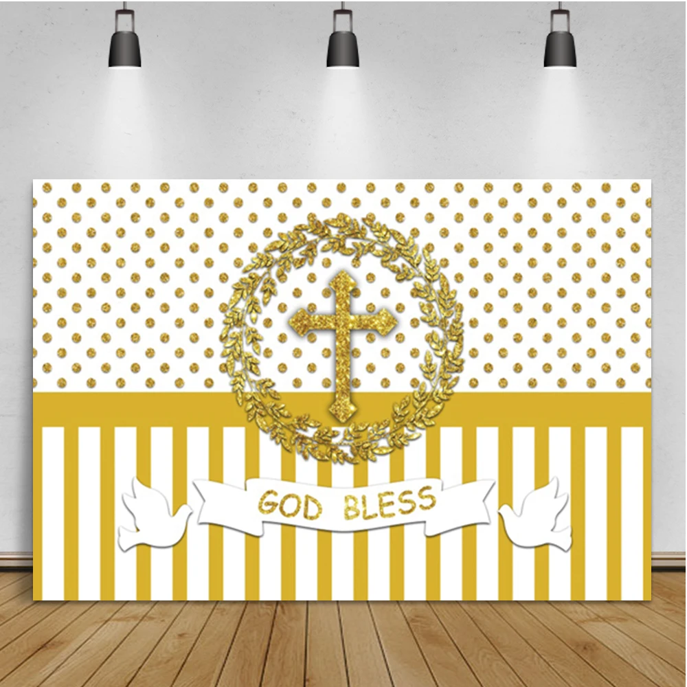 

Laeacco Golden Cross God Bless Photography Background Dot Polka Stripes Custom Photocall Backdrop For Photo Studio Photozone