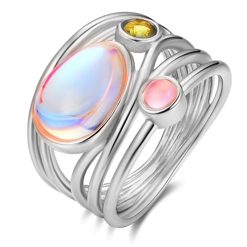 Silver Милое Бохо женское большое кольцо из лунного камня модное серебряное обручальное кольцо из розового золота ювелирные изделия обещают обручальные кольца для влюбленных для женщин - Цвет основного камня: Silver