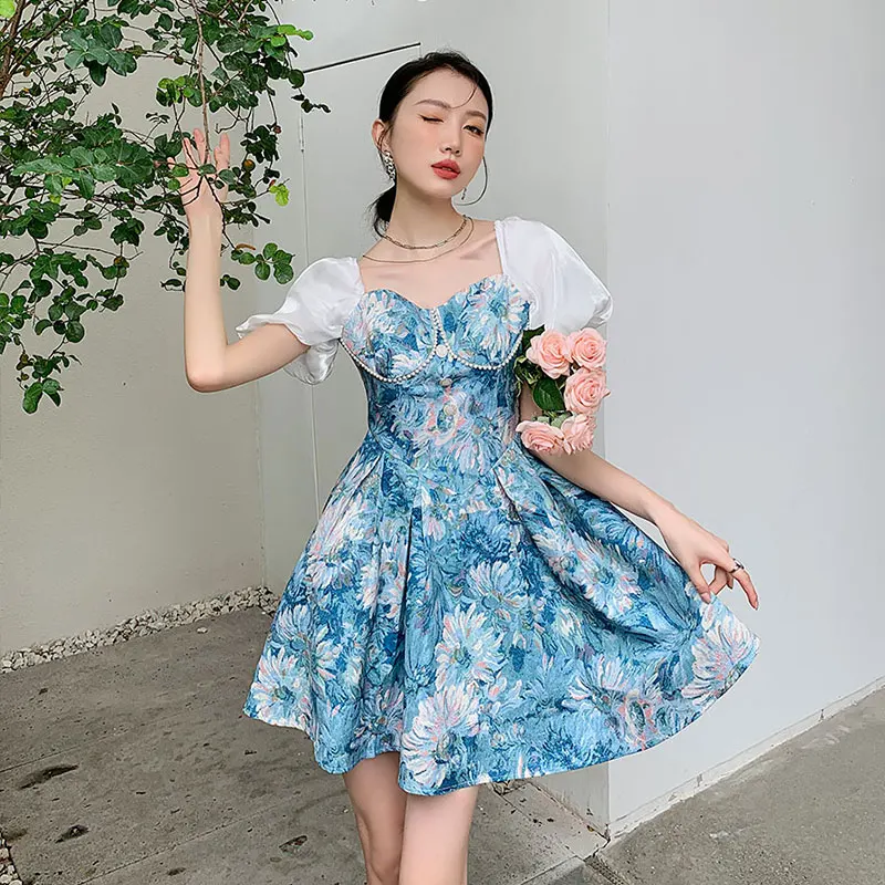 Tanie Kwiatowy nowy 2021 sąd Retro stylowa sukienka kobiety żakardowa linia