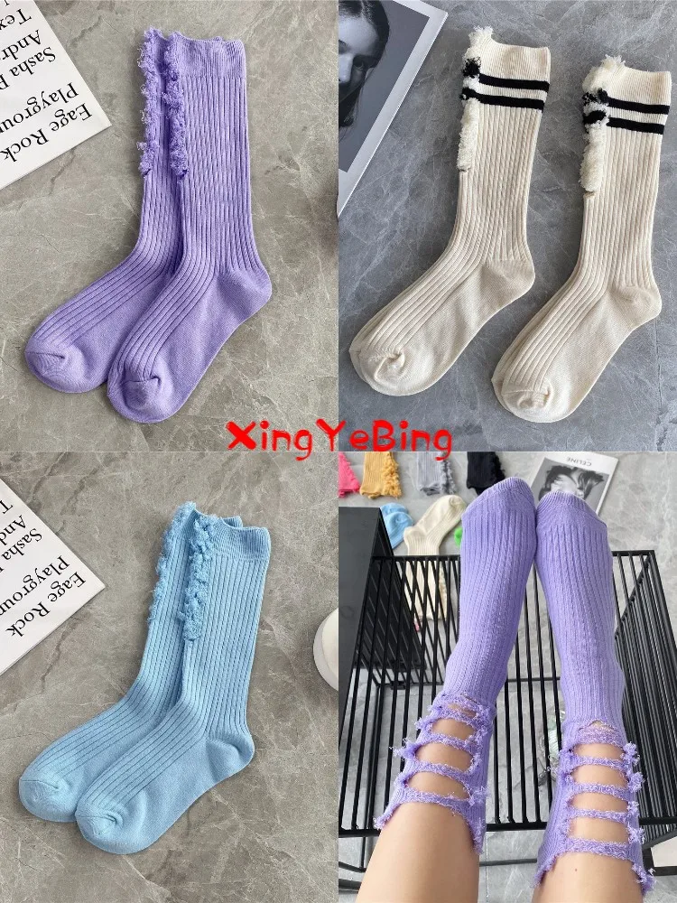 2021 New Candy Color Ripped Socks Hand Cut Double Needle Pile Of Female Cotton Net Red With The Tide | Женская одежда