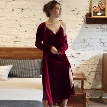 Зимний женский пижамный комплект, золотой бархатный халат, платье, набор, Осенний сексуальный кружевной слинг, женская пижама, пижама, Халат