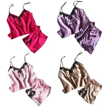 

Women Summer Imitation Silk 2Pcs Lingerie Set Floral Lace V-Neck Camisole Tops Side Split Relaxed Shorts Sexy Babydoll Nightwear