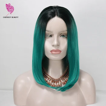 

Hand Tied High Temperature Fiber Dark Roots to Mxied Green Short Bob Straight Heat Resistant Synthetic Lace Front Wigs for Party