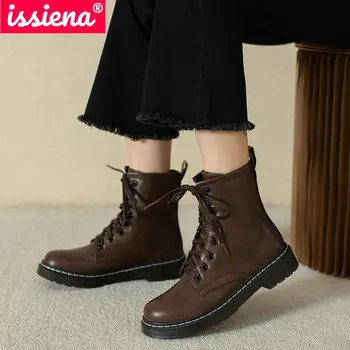 

ISSIENA 2021 Flat With Winter Boots PU Leather Lace Up Kids Motorcycle Boots Boys Girls Plush Round Toe Ankle Boots Size 28-39