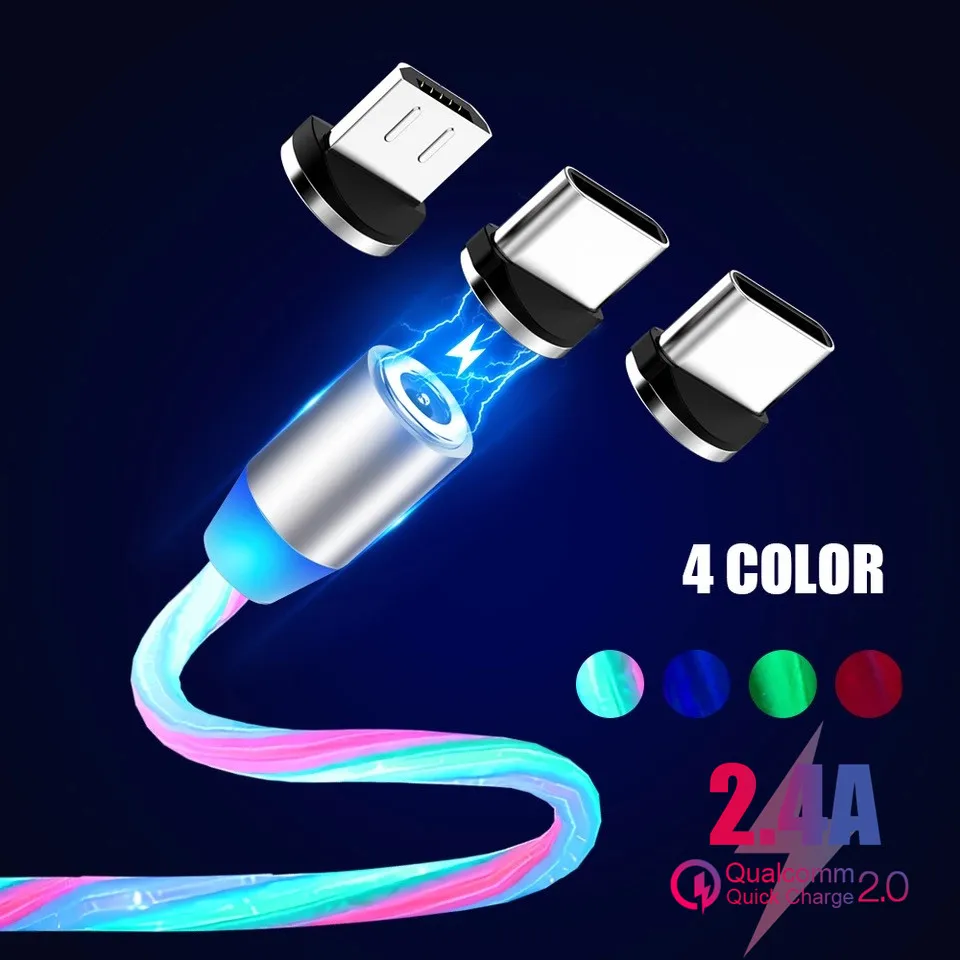 

Magnetic Cable LED Glow Flowing USB Charger Type C/Micro USB/8 Pin Charging Cable for iPhone 7 X 11 Samsung S10 Charge Wire Cord