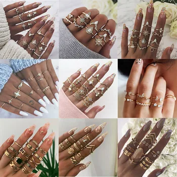 

KSRA 2020 New Ins Bohemia Knuckle Rings Set For Women BOHO Crystal Star Crescent Geometric Finger Gold Rings Vintage Jewelry