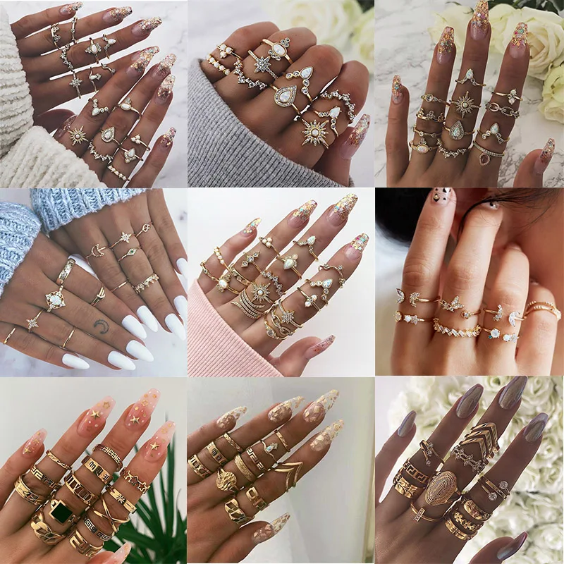 KSRA Boho Vintage Gold Star Knuckle Rings For Women BOHO Crystal Star Crescent Geometric Female Finger Rings Set Jewelry 2020