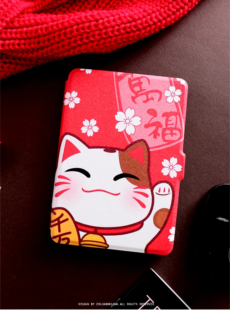 Red Lucky Cat Magnet PU Flip Cover for Amazon Kindle Paperwhite 1 2 3 4 449 558 Case 6 inch Ebook Tablet Case