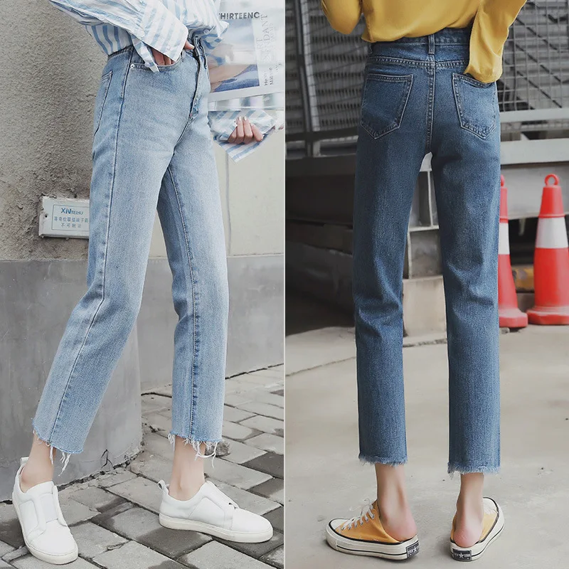 Spring New Jeans Women Streetwear Light Blue Skinny Pants Stretch Destroyed High Waist Frayed Straight Jeans