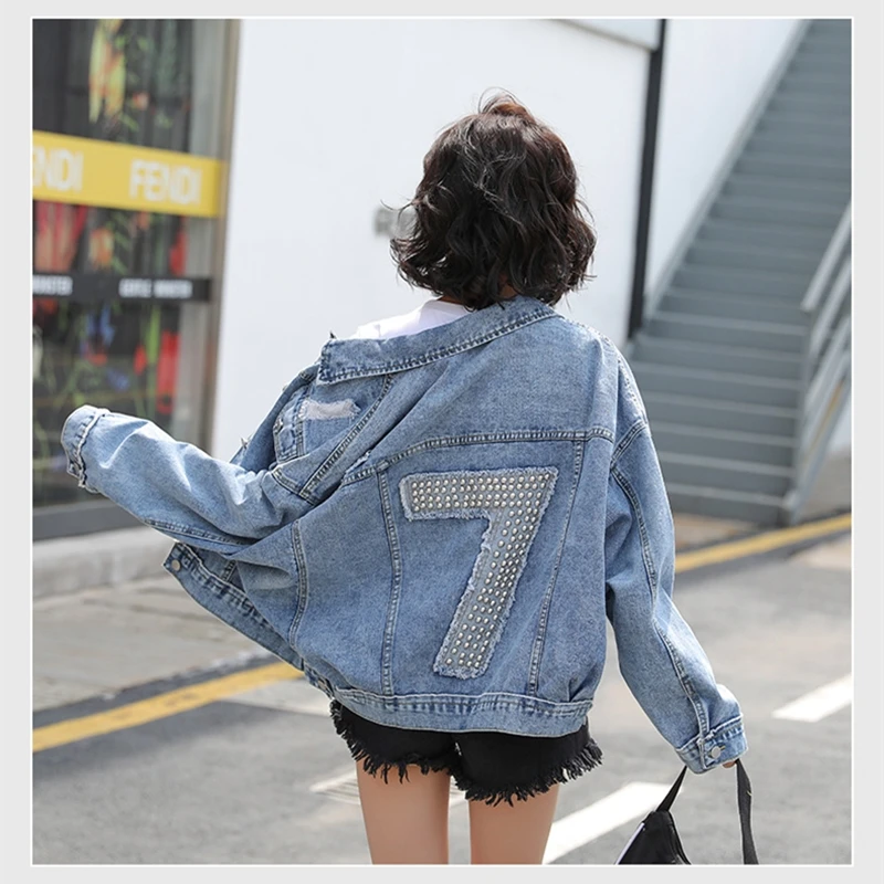 

Kawaii Jacket Harajuku Fashion 2020 Autumn New Rivet 7 Version Jeans Woman Jackets Ripped Hole Denim Coat Personliazed Outwear