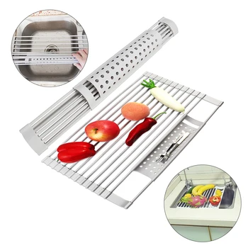 

Adjustable Over the Sink Roll-Up Dish Drying Rack Pan Food Drainer Mat Insert Storage Organizer Fruit Vegetable Tray Drainer