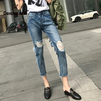 

Woman Plus-Size Jeans High Waist Loose Ankle-length Pants Solid Streetwear Hole Cotton Female Denim Harem Pants 2020 Fashion