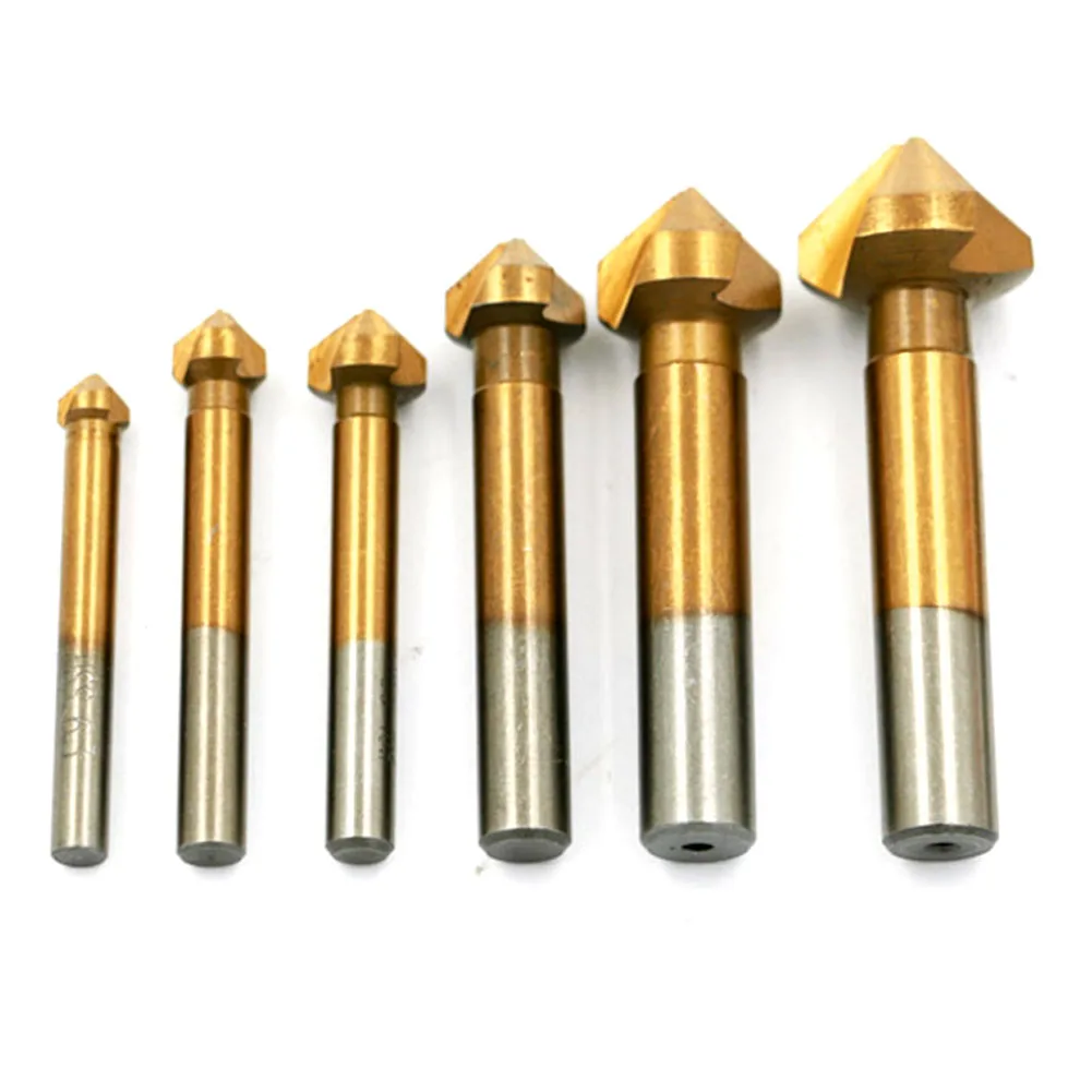 

6pcs High Concentricity Industrial 90 Degree Round Shank HSS Countersink Drill Set Woodworking 3 Flute 6.3-20.5mm Chamfer Cutter