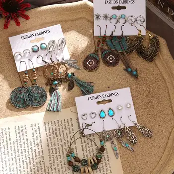 

Vienkim New Ethnic Beads Drop Earrings Set For Women 6 Pcs/Set Fearther Acrylic Metal Wood Dangle Earring 2020 Vintage Jewelry