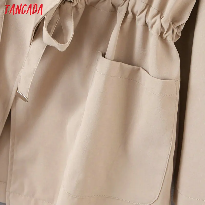 Tangada women solid trench coat elegant elastic waist pocket female khaki windbreaker outwear korean fashion SL71