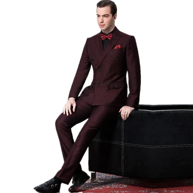 

Men's Suits Double-Breasted Burgundy Groom Tuxedos Peak Lapel Groomsmen Mens Wedding Suits Clothing Prom Suits Jacket+Pants+Tie