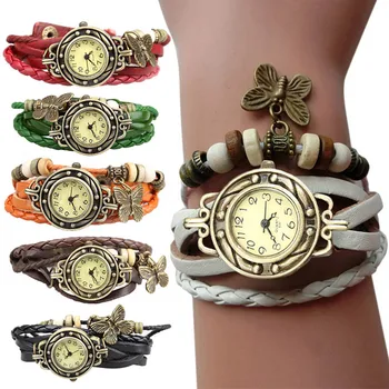 

Women Retro Bracelet Wrist Watch Weave Wrap Faux Leather Butterfly Beads Pendant Chain K2
