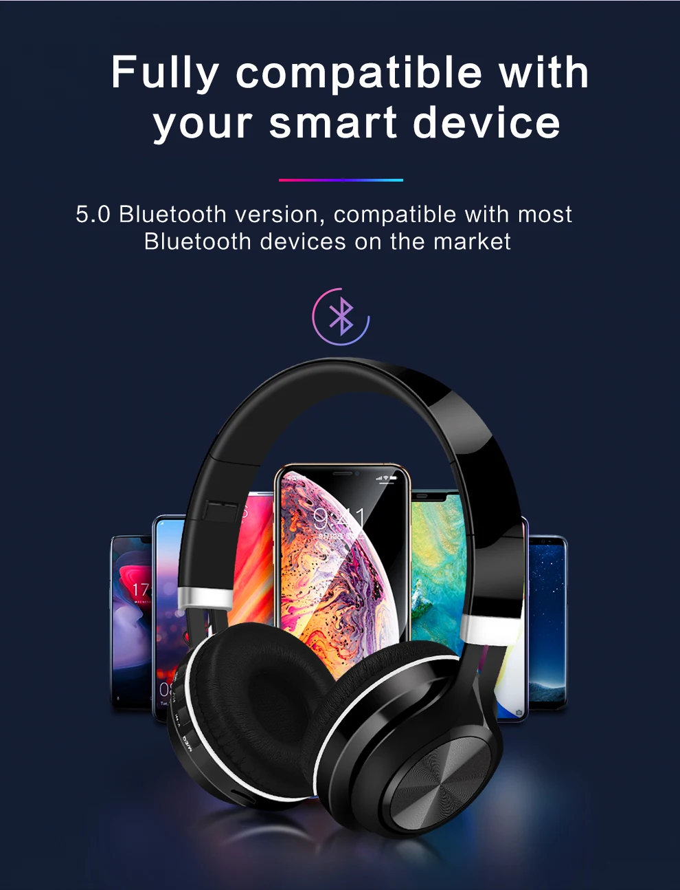 Bluetooth гарнитура с глубоким басом, складные наушники для домашнего кинотеатра, гарнитура для компьютера, ПК, MP3, музыка для iPhone, Xiaomi, поддержка TF карты
