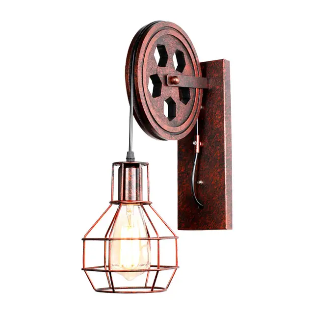 Retro Vintage Wall Light Shade Ceiling Lifting Pulley Industrial Wall Lamp Fixture Iron Loft Cafe Bar Adjustable Sconce Light Red Rust