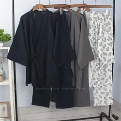 Japanese Cotton Kimono Bath Robe Samurai Men Haori Yukata Top Pants Sleepwear Pajamas Clothing Set Chinese Traditional Nightgown