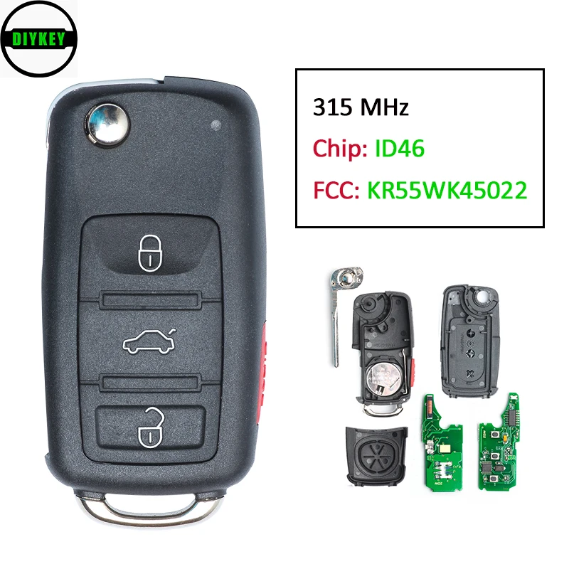 

DIYKEY Replacement Flip Remote Key Fob 315MHz ID46 Chip for Volkswagen 2003-2010 Phaeton Touareg KR55WK45022 Without Keyless