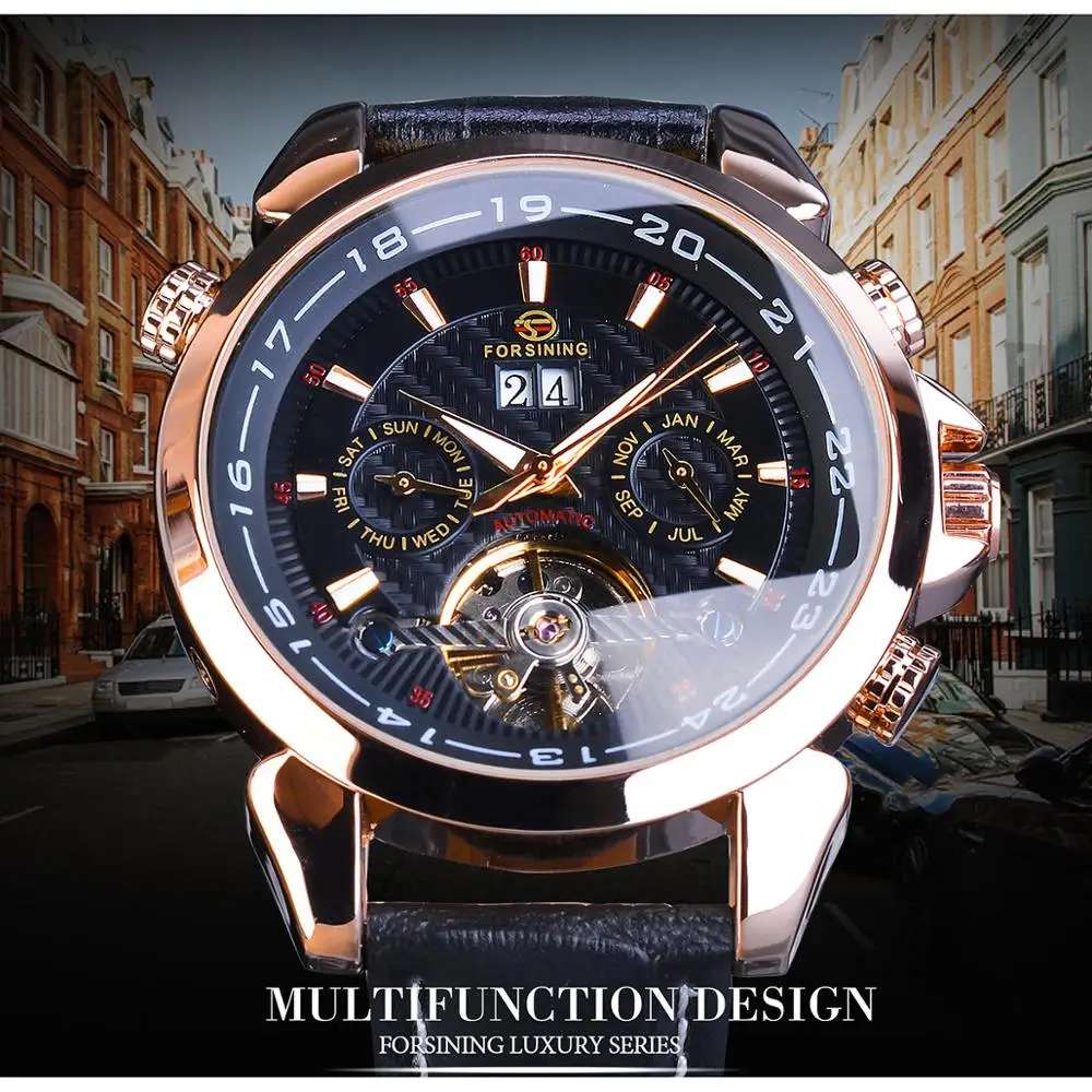 Механические часы Forsining Rose Golden Tourbillon, Классические Автоматические часы со скелетом и датой, мужские часы из натуральной кожи, Reloj Hombre