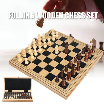 

Wooden 2 in 1 Folding Chess Set Backgammon Chessboard Wood Table Board Games Magnetic Chess Pieces Portable Travel Games Kits