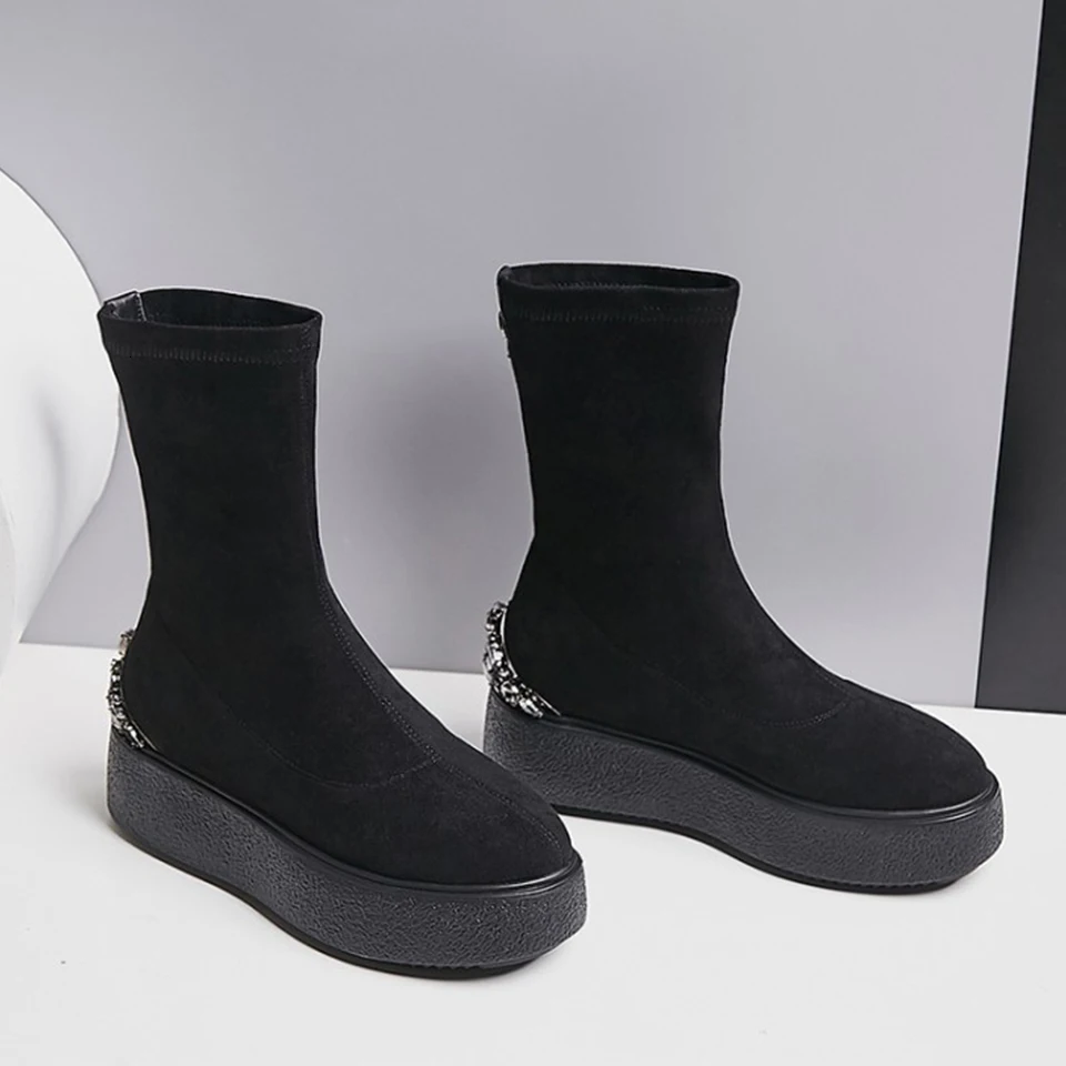 

Bellecom new mid barrel nude women's elastic thick bottom Martin women's boots short boots in autumn and winter 2019