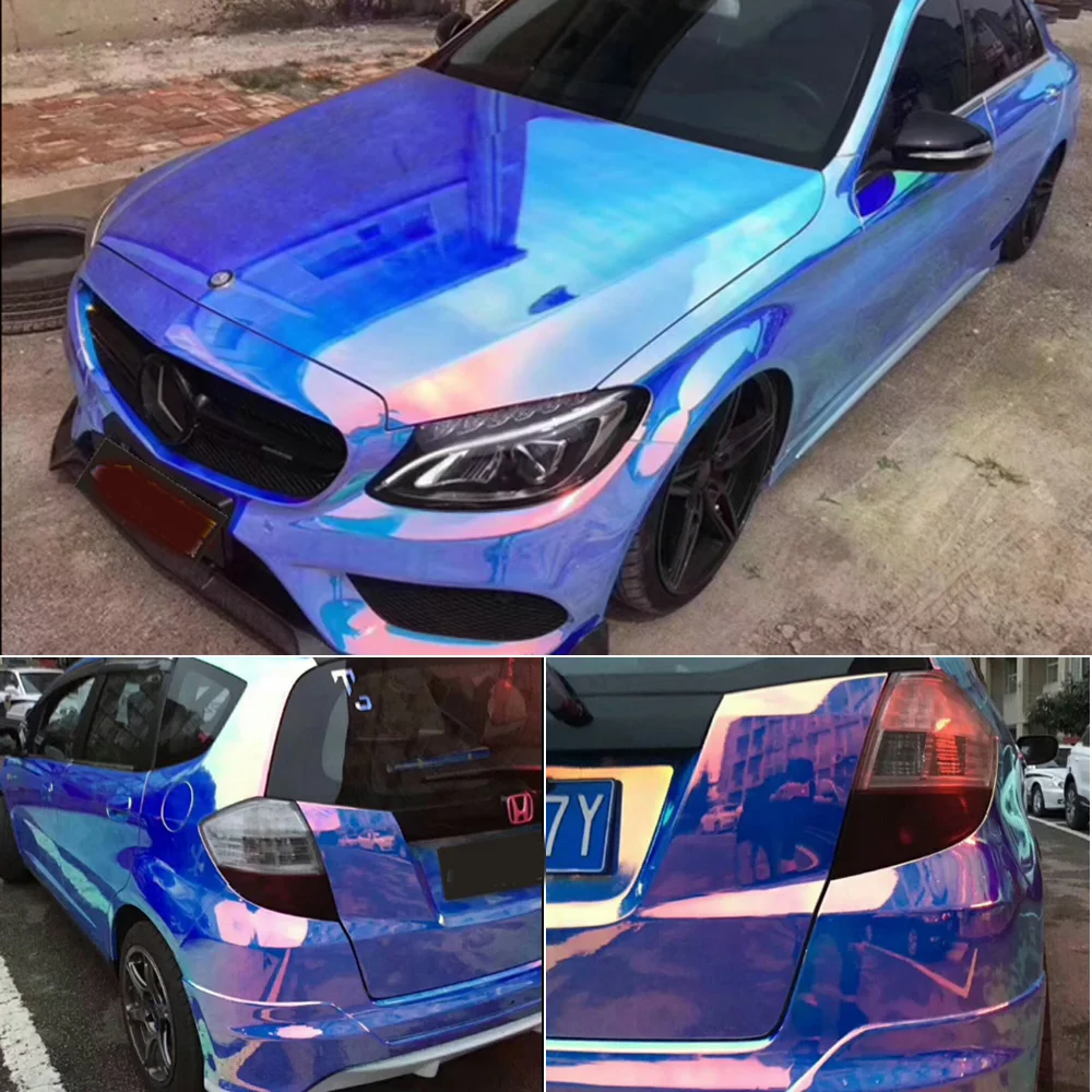 1,35 M x 10M Holographische Regenbogen Neo Chrome Blau Auto Körper