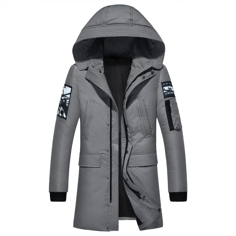 Для русской зимы, для холодной и ветронепроницаемой погоды, мужская куртка с капюшоном, с 3D принтом, белая, на утином пуху, длинная, повседневная, толстая, теплая, пуховая куртка