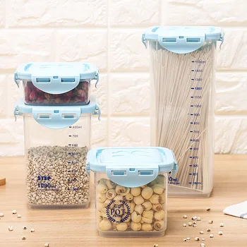 

Square Grains Sealed Tank Moistureproof Food Kitchen Clasp Receiving Box Transparent Plastic Storage Tank