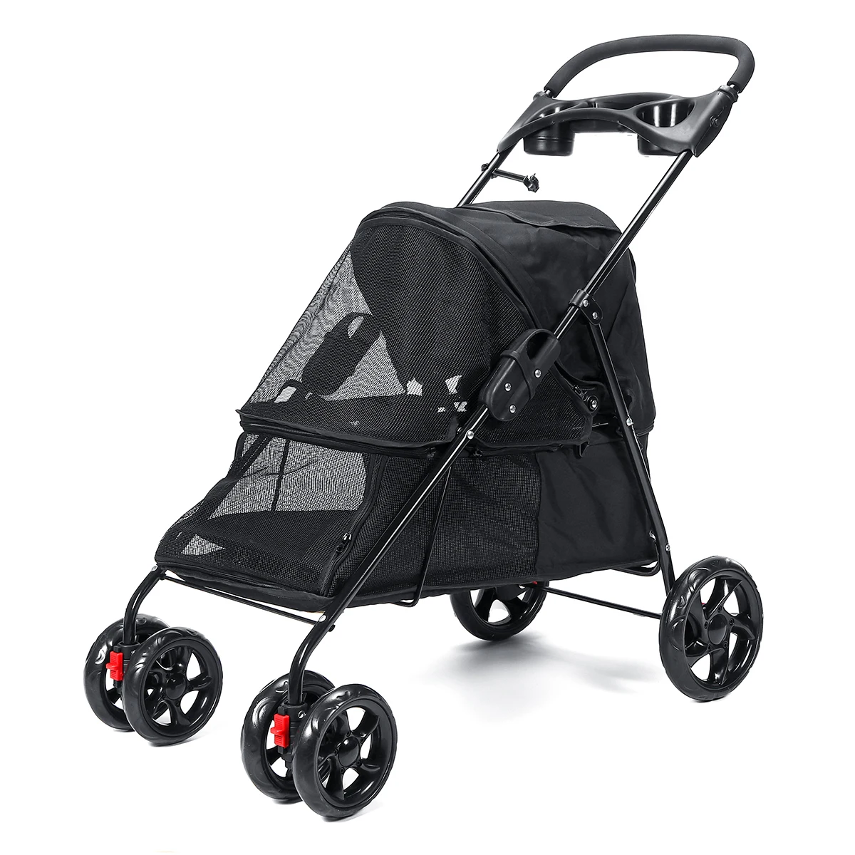 

4 Wheeled Pet Dog Cat Stroller Foldable Teddy Carrier Outdoor Travel Cart Can Bear 15kg Multi-directional Breathable Grey Black